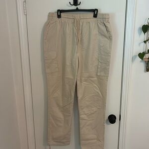 Cream Cargo Pants with Elastic Waistband and Relaxed Fit